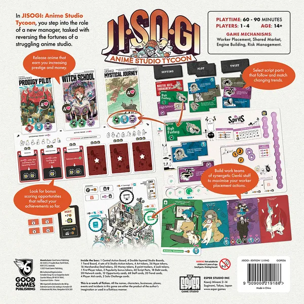 Jisogi Anime Studio Tycoon | Anime Themed Tactical Worker Placement & Set Collection Strategy Card Game | 1–4 Players | Ages 12+ | 90–120 Min Playtime (Rent)